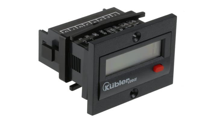 Contatore Kübler 6.130.012.850, LCD 8 cifre, montaggio a pannello, IP67, alimentato a batteria, dimensioni 32x15mm.