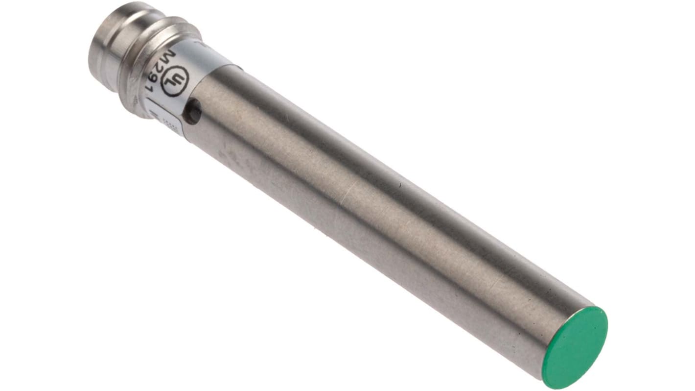 Baumer IFRM 06P17A1/S35L, sensore di prossimità cilindrico PNP, rilevamento 2 mm, corpo in acciaio inox, IP67. Dimensioni 46 mm x 6.5 mm.