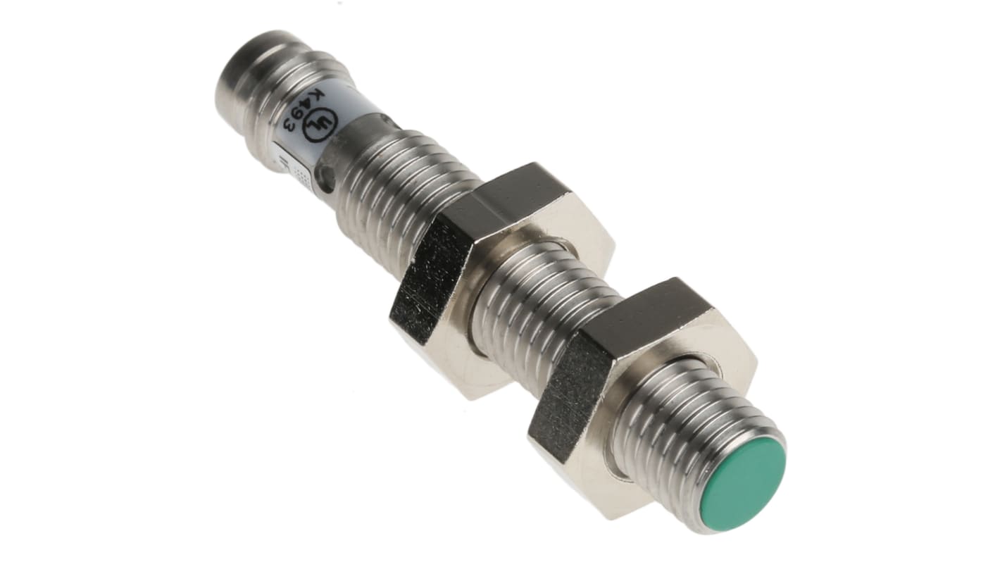 Sensore di prossimità cilindrico PNP Baumer IFRM 08P17A1/S35L, con connettore M8, IP67, rilevamento 2 mm, acciaio inossidabile.
