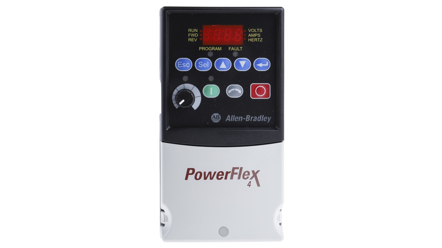 Allen Bradley 22A-D1P4N104, inverter trifase 0,4 kW, montaggio su guida DIN, dimensioni 80x136x152 mm, comunicazione ModBus.