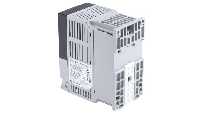 Allen Bradley 22A-D1P4N104, inverter trifase 0,4 kW, montaggio su guida DIN, dimensioni 80x136x152 mm, comunicazione ModBus.