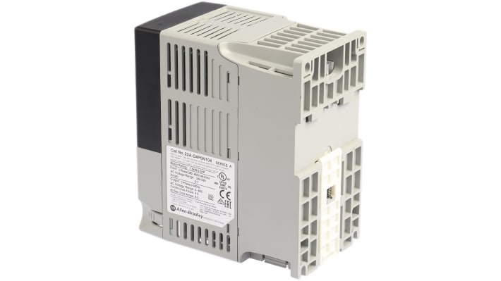 Allen Bradley 22A-D4P0N104, inverter trifase 1,5 kW, montaggio su guida DIN, dimensioni 152x80x136 mm.