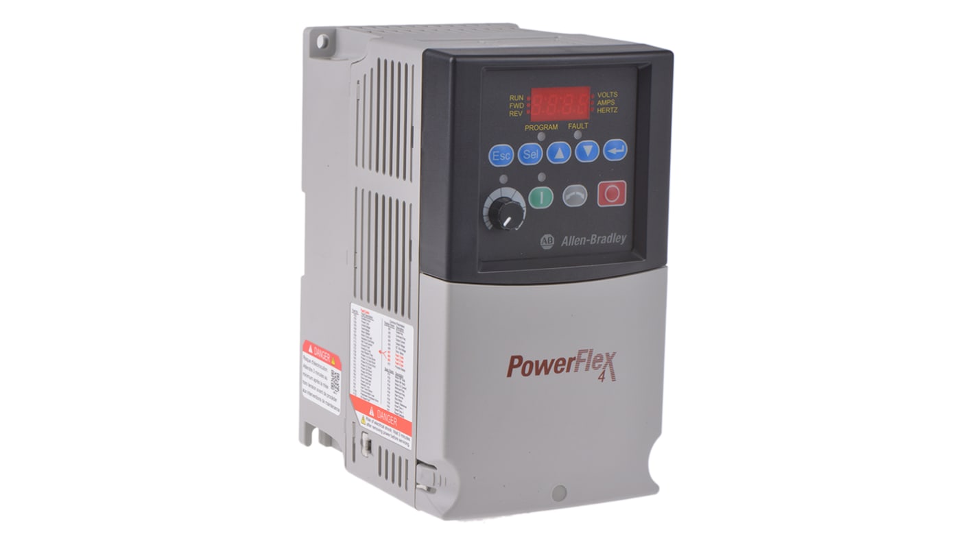 Inverter trifase Allen Bradley 22A-D6P0N104, potenza 2,2 kW, montaggio su guida DIN, dimensioni 100x180x136 mm.