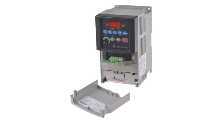 Inverter trifase Allen Bradley 22A-D6P0N104, potenza 2,2 kW, montaggio su guida DIN, dimensioni 100x180x136 mm.