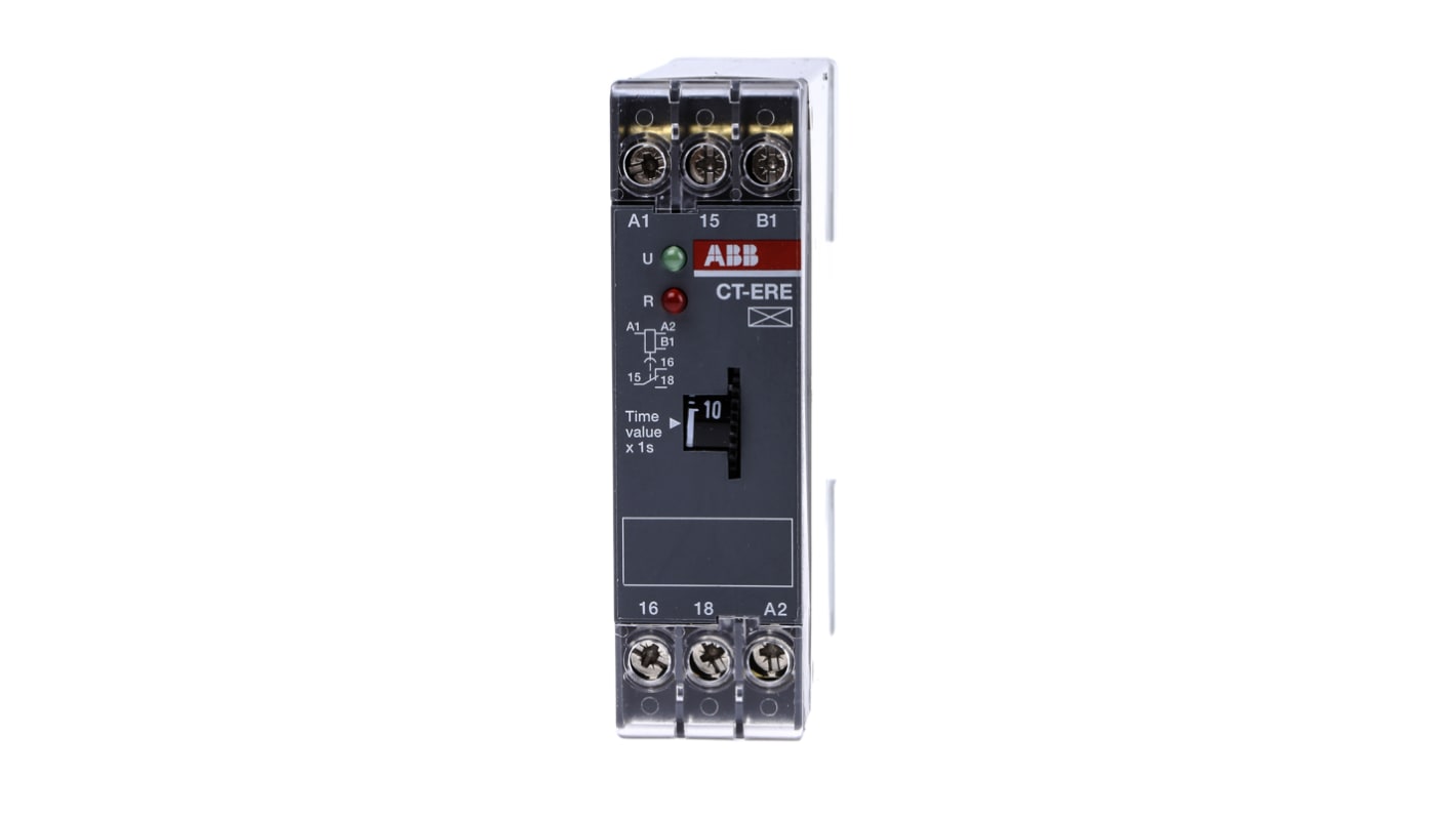 ABB Timer Relay SPDT 1 polo per guida DIN, intervallo 0.1-10 s, alimentazione 200-240 V AC, 4 A, larghezza 22.5 mm.