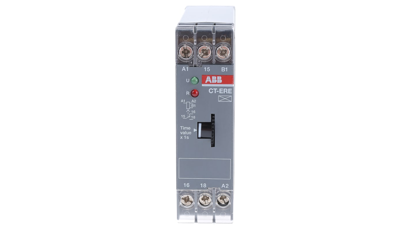 ABB Timer Relay SPDT per guida DIN, intervallo 3-300 secondi, 24 V ac/dc, 4 A, dimensioni 22,5 x 78,5 x 78 mm.