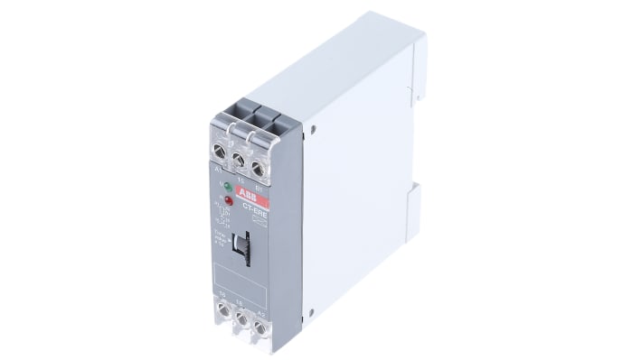 ABB Timer Relay SPDT per guida DIN, intervallo 3-300 secondi, 24 V ac/dc, 4 A, dimensioni 22,5 x 78,5 x 78 mm.