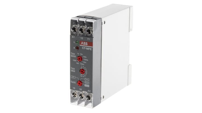 Relè timer ABB, SPDT, montaggio su guida DIN, 6 funzioni, intervallo 0.05 s a 100 h, dimensioni 22.5 x 78 x 78.5 mm.