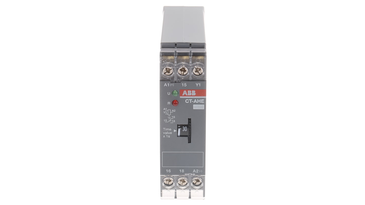 ABB Timer Relay 1 poli SPDT per guida DIN, intervallo 0.3-30s, 220-240V AC, larghezza 22.5 mm, temperatura -20/+60°C.