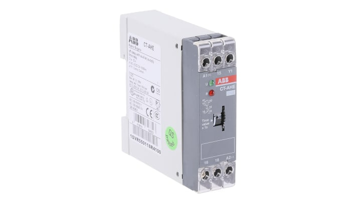 ABB Timer Relay 1 poli SPDT per guida DIN, intervallo 0.3-30s, 24V, 4A, dimensioni 22.5x78x78.5 mm.