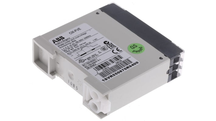 Relè di monitoraggio ABB CM-PVE, SPST, tensione 185-265 V CA, montaggio su guida DIN, dimensioni 78.5 x 22.5 x 78 mm.