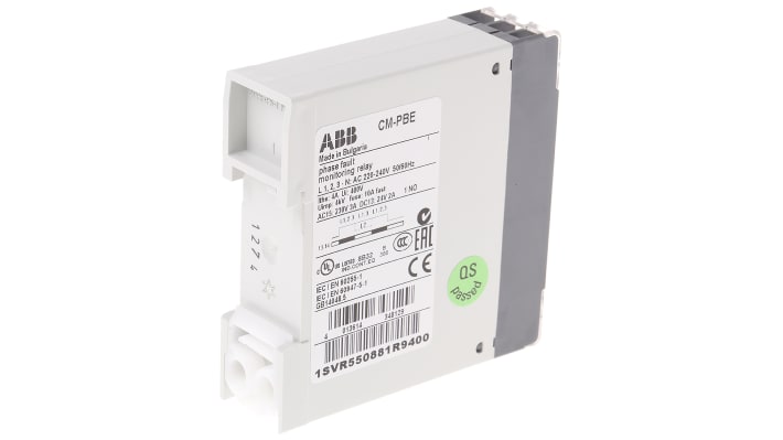 Relè di monitoraggio Fase ABB CM-PBE, SPST, 220-240V AC, montaggio su guida DIN, dimensioni 78,5 x 22,5 x 78 mm.