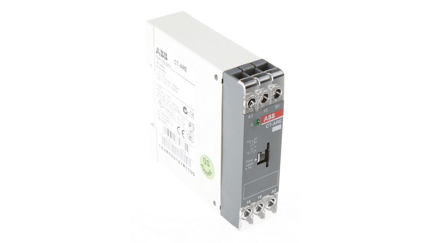 ABB Timer Relay 1 poli SPDT per guida DIN, temporizzazione 0.1-10s, alimentazione 200-240 V AC, dimensioni 22.5x78.5x78 mm.