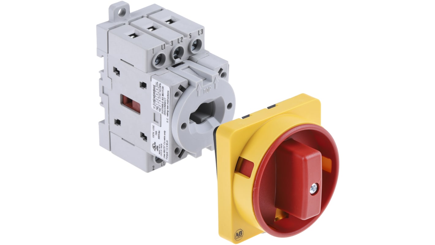 Interruttore di isolamento Allen Bradley 194E-A16-1753-4N, 3 poli, 16 A, 690 V, IP66, maniglia rossa/gialla, dimensioni 70x36x80 mm.