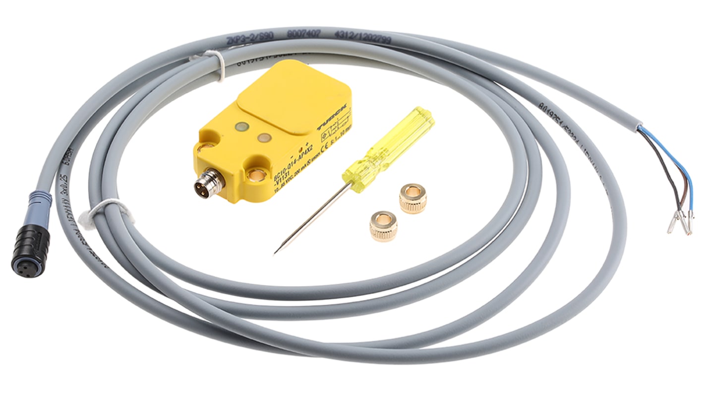 Sensore di prossimità PNP Turck BC10-Q14-AP4X2-V1131, tecnologia capacitiva, rilevamento 10 mm, IP67, cavo 2 m.