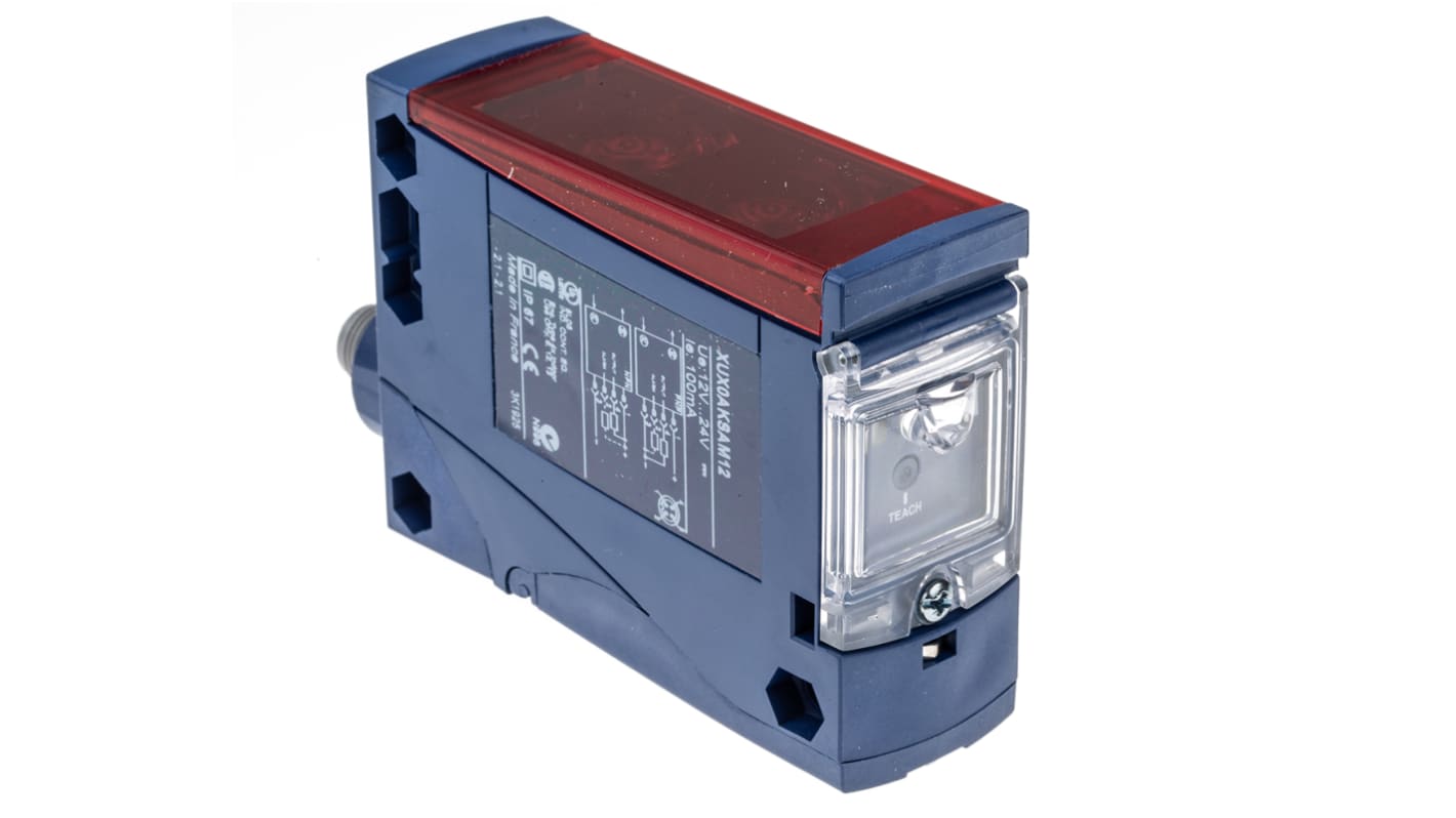 Sensore fotoelettrico Telemecanique Sensors XUX0AKSAM12, rilevamento multimodale fino a 40 m, commutazione NA/NC, collegamento flessibile.