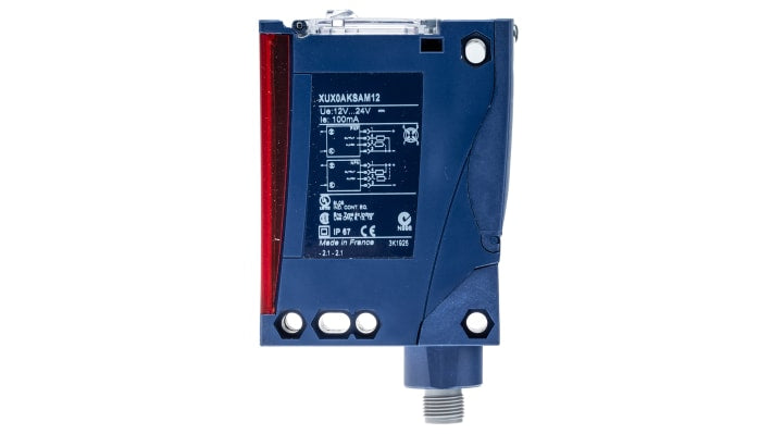 Sensore fotoelettrico Telemecanique Sensors XUX0AKSAM12, rilevamento multimodale fino a 40 m, commutazione NA/NC, collegamento flessibile.