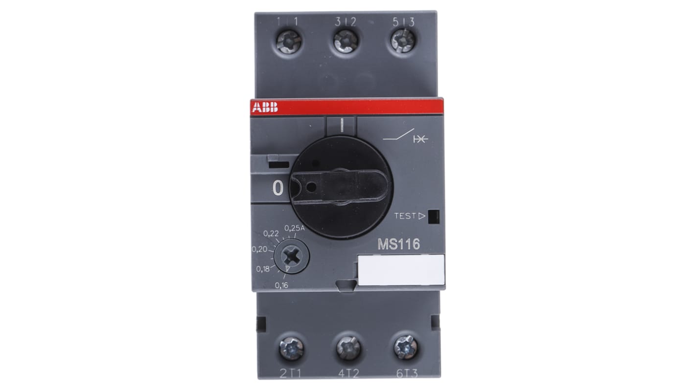 Interruttore automatico motore ABB 1SAM250000R1002 MS116-0.25, per motori fino a 16A, dimensioni 90mm x 45mm x 80.1mm, protezione da sovraccarichi e cortocircuiti.