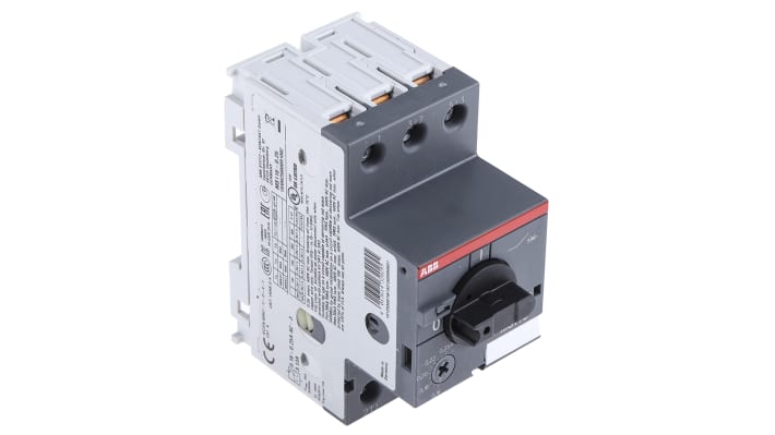 Interruttore automatico motore ABB 1SAM250000R1002 MS116-0.25, per motori fino a 16A, dimensioni 90mm x 45mm x 80.1mm, protezione da sovraccarichi e cortocircuiti.