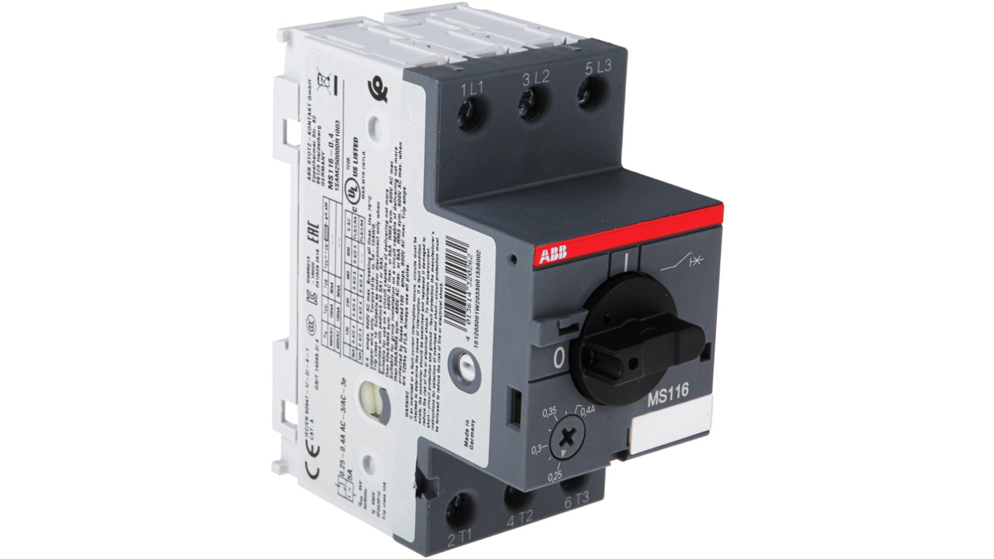 Interruttore automatico del motore ABB 1SAM250000R1003, per motori fino a 16A, dimensioni 90mm x 45mm x 80.1mm, protezione da sovraccarichi e cortocircuiti.