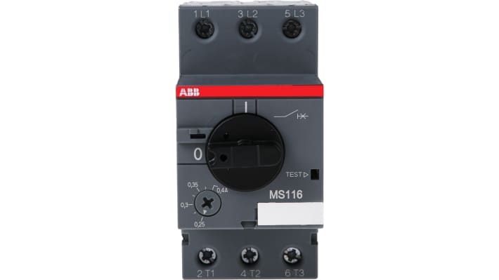 Interruttore automatico del motore ABB 1SAM250000R1003, per motori fino a 16A, dimensioni 90mm x 45mm x 80.1mm, protezione da sovraccarichi e cortocircuiti.