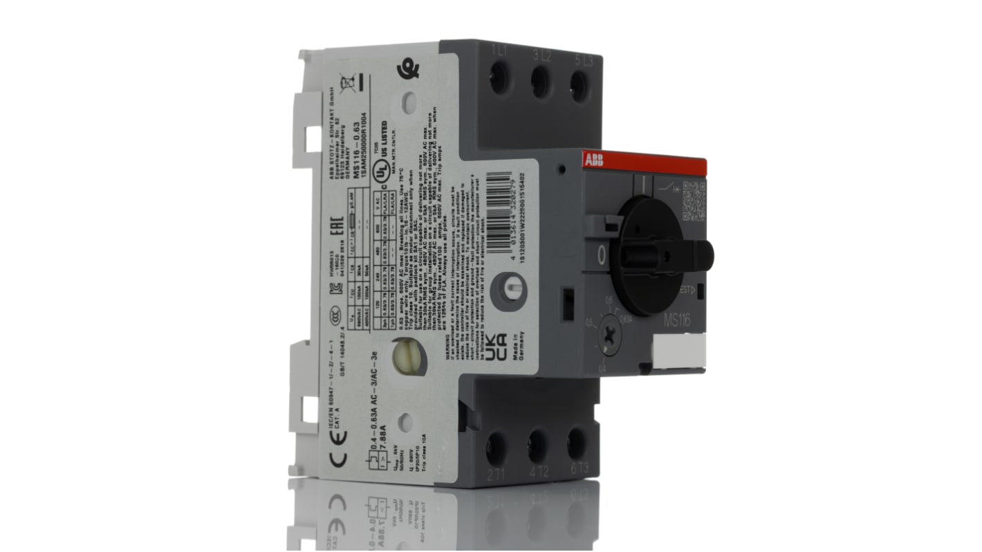 Interruttore automatico motore ABB 1SAM250000R1004 MS116-0.63, 3 poli, 630 mA, protezione fino a 7,5 kW, dimensioni 90 x 45 x 80,1 mm.