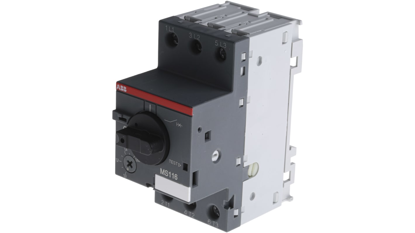 Interruttore automatico del motore ABB 1SAM250000R1006 MS116-1.6, 1,6 A, 690 V, 3 poli, dimensioni 90 x 45 x 80,1 mm, grado di protezione IP20.