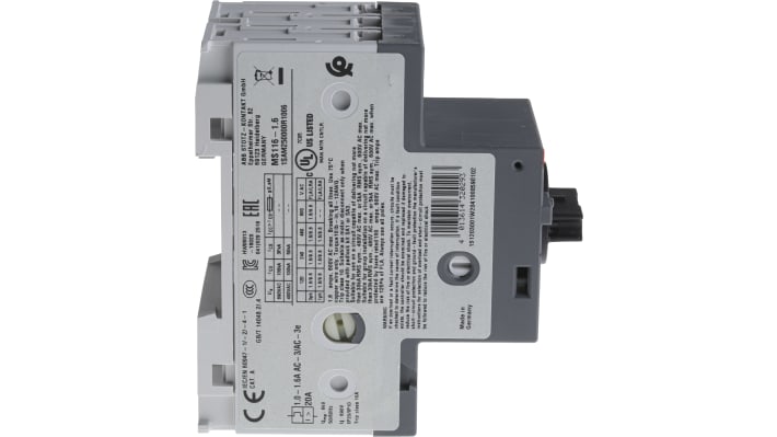 Interruttore automatico del motore ABB 1SAM250000R1006 MS116-1.6, 1,6 A, 690 V, 3 poli, dimensioni 90 x 45 x 80,1 mm, grado di protezione IP20.