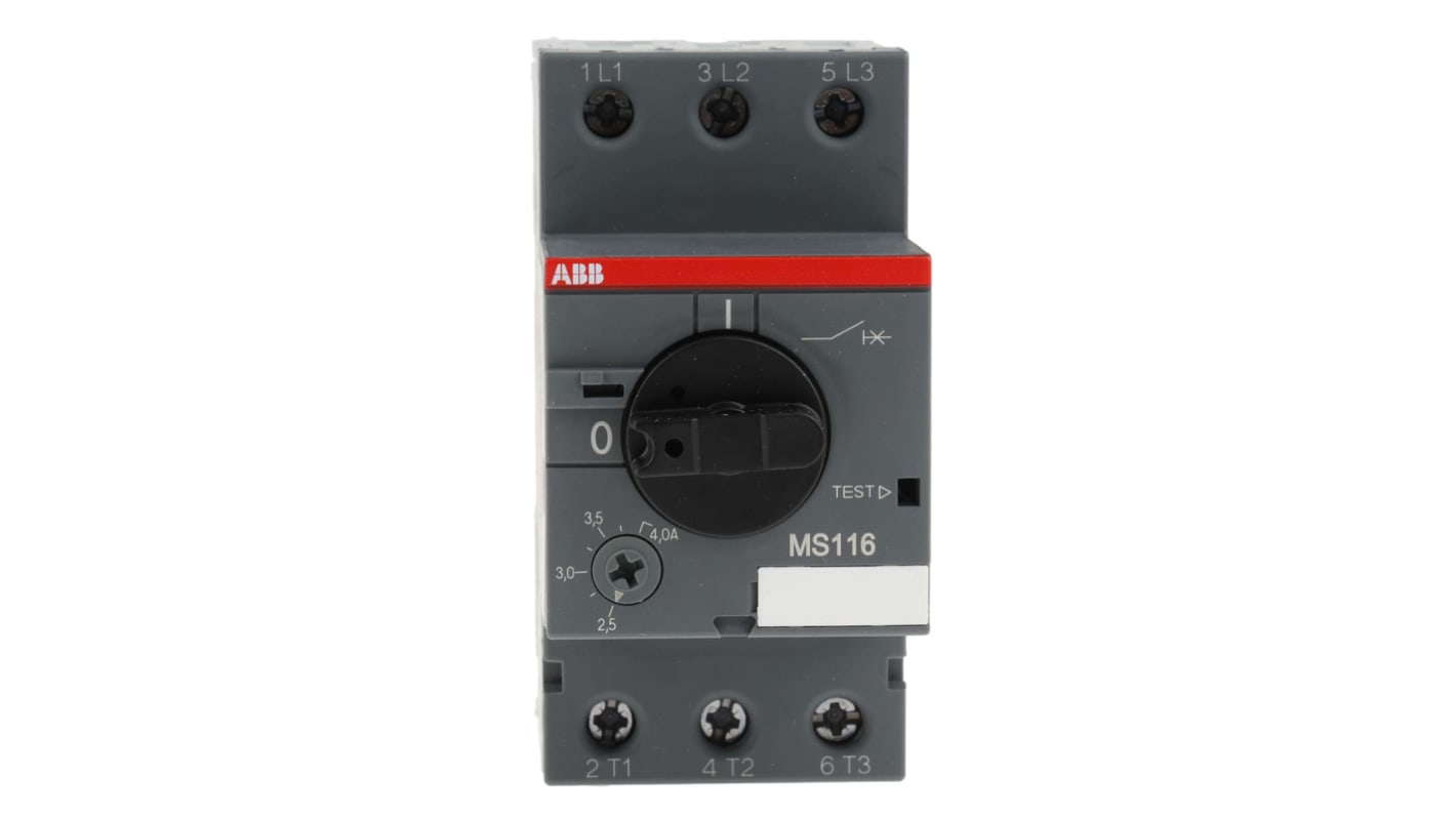 Interruttore automatico motore ABB 1SAM250000R1008 MS116-4.0, 4 A, protezione fino a 7,5 kW, dimensioni 45 x 90 x 80.1 mm.