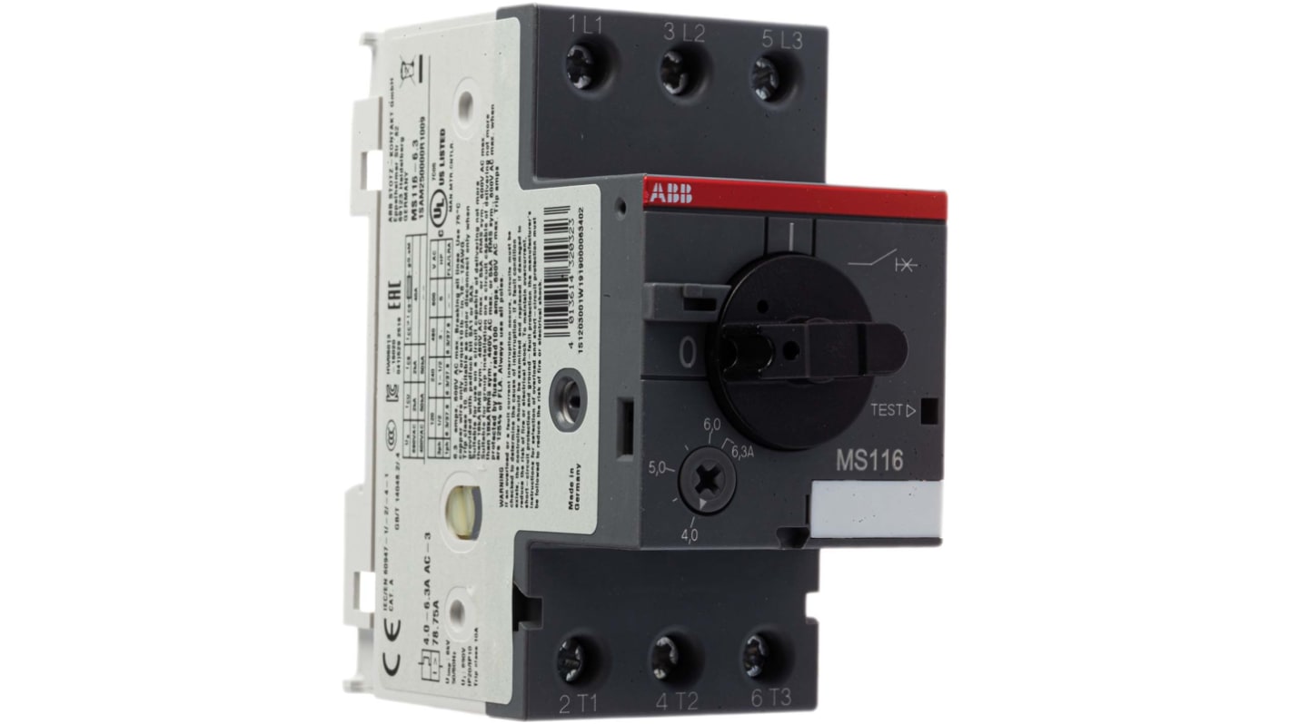 Interruttore automatico motore ABB 1SAM250000R1009 MS116-6.3, 6,3 A, 3 poli, montaggio su guida DIN, dimensioni 90 x 45 x 80,1 mm.