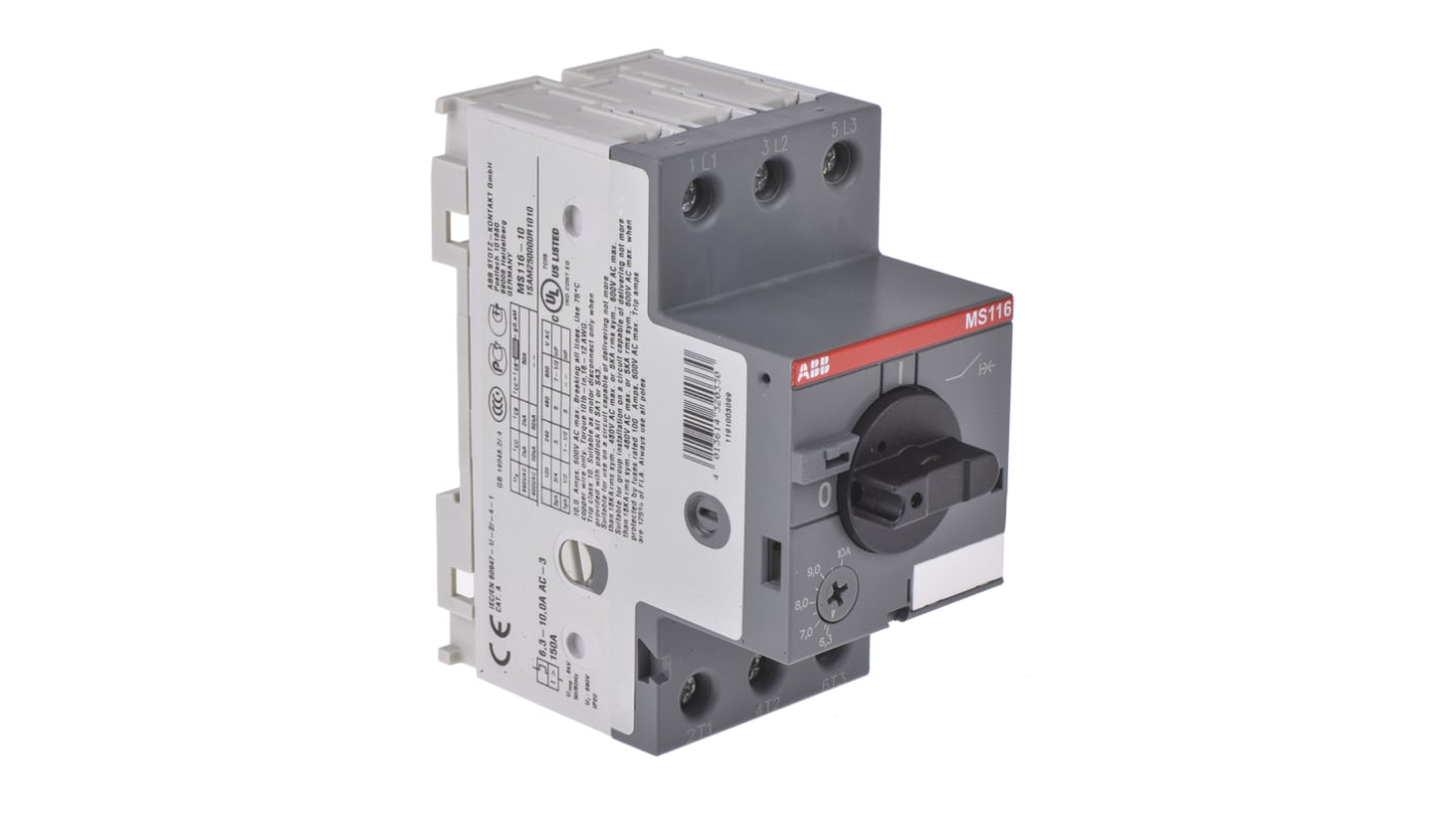 Interruttore automatico del motore ABB 1SAM250000R1010, 10 A, montaggio su guida DIN, dimensioni 90 x 45 x 80,1 mm.