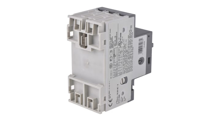 Interruttore automatico del motore ABB 1SAM250000R1010, 10 A, montaggio su guida DIN, dimensioni 90 x 45 x 80,1 mm.