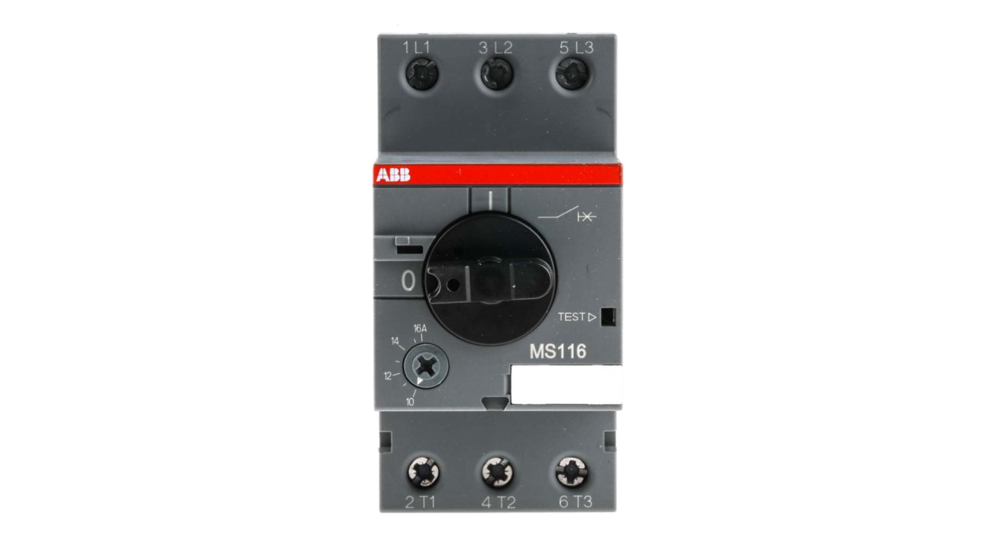 Interruttore automatico del motore ABB 1SAM250000R1011 MS116-16, 16 A, 3 poli, protezione fino a 7,5 kW, dimensioni 90x45x80,1 mm.