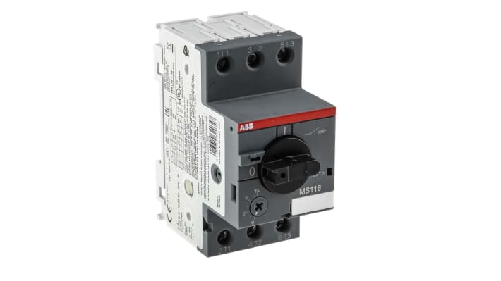 Interruttore automatico del motore ABB 1SAM250000R1011 MS116-16, 16 A, 3 poli, protezione fino a 7,5 kW, dimensioni 90x45x80,1 mm.