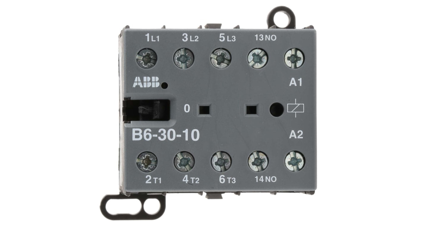 Contattore ABB GJL1211001R0101, 3 poli, 9 A, bobina 24 V c.a., montaggio su guida DIN, dimensioni 57,5 x 52,5 x 46,5 mm.