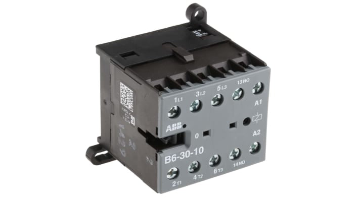 Contattore ABB GJL1211001R0101, 3 poli, 9 A, bobina 24 V c.a., montaggio su guida DIN, dimensioni 57,5 x 52,5 x 46,5 mm.