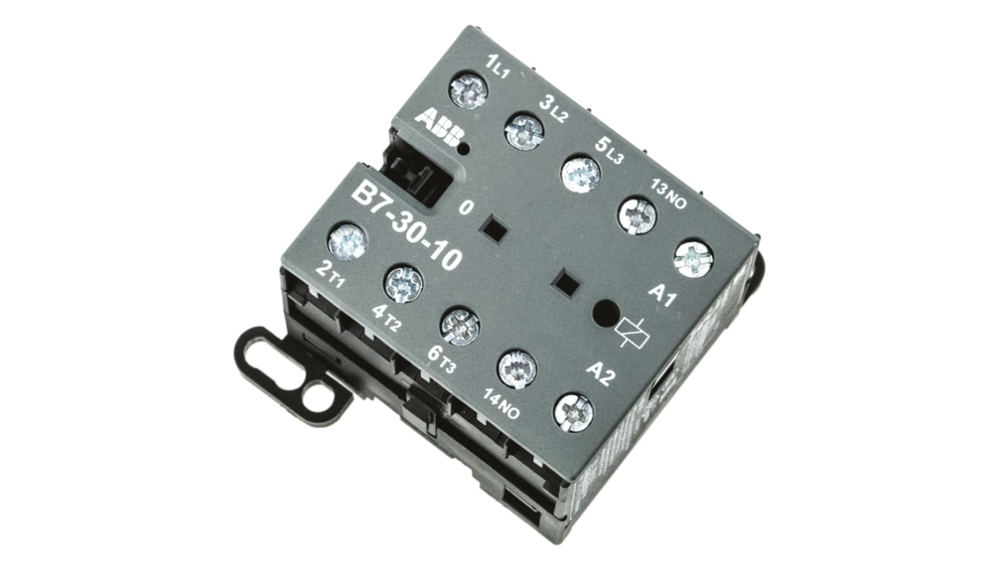Contattore ABB GJL1311001R0101, serie B, 3 poli, 3 NA, 9 A, bobina 24 V c.a., montaggio su guida DIN, dimensioni 57,5 x 52,5 x 46,5 mm.