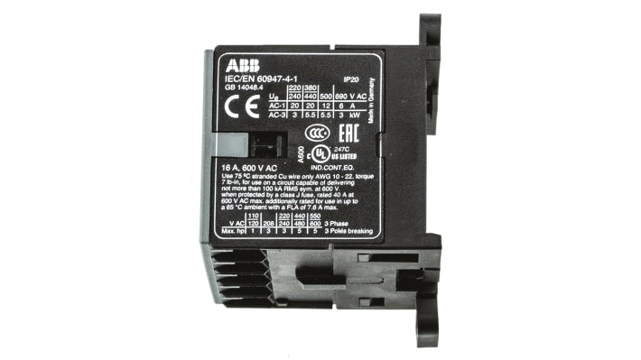 Contattore ABB GJL1311001R0101, serie B, 3 poli, 3 NA, 9 A, bobina 24 V c.a., montaggio su guida DIN, dimensioni 57,5 x 52,5 x 46,5 mm.