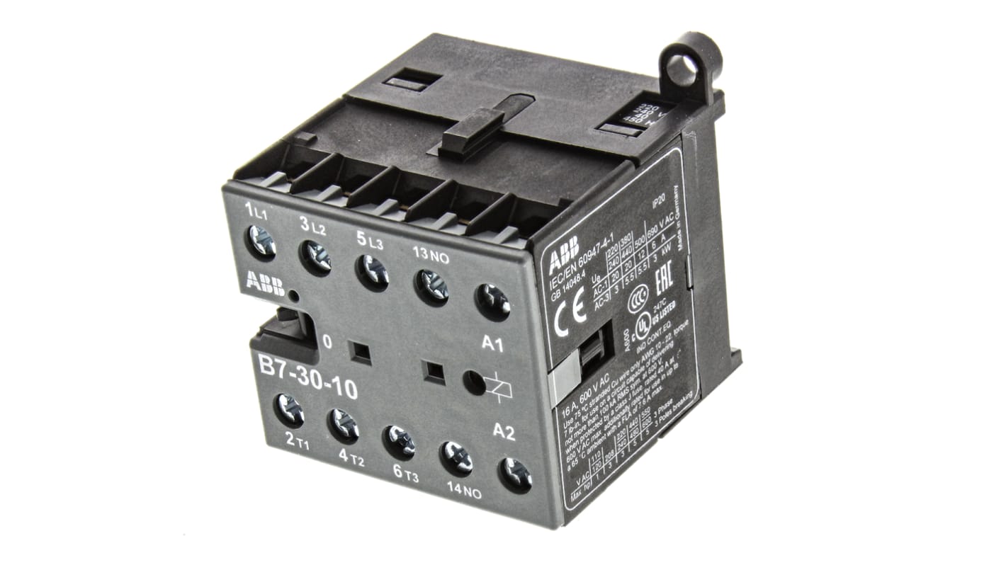 Contattore ABB GJL1311001R8100, serie B, 3 poli, 3 contatti normalmente aperti, tensione 230 V, montaggio su guida DIN, dimensioni 47,5x57,5x46,5 mm.
