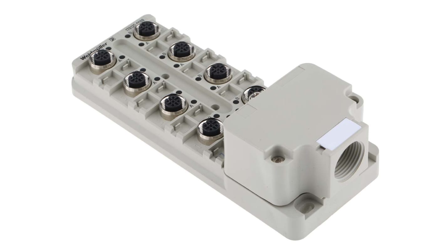 Scatola sensore Weidmüller 8 porte M12, resistente IP68 - Serie SAI - 1701250000. Ideale per PLC in ambienti difficili.