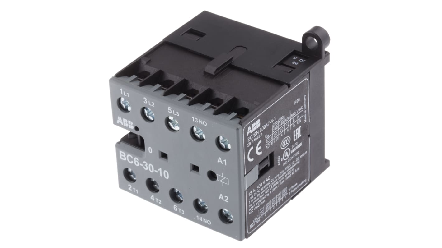 Contattore ABB GJL1213001R0101, serie B, 3 poli, 3 contatti normalmente aperti, montaggio su guida DIN, dimensioni 46,7 x 52,5 x 57,5 mm.