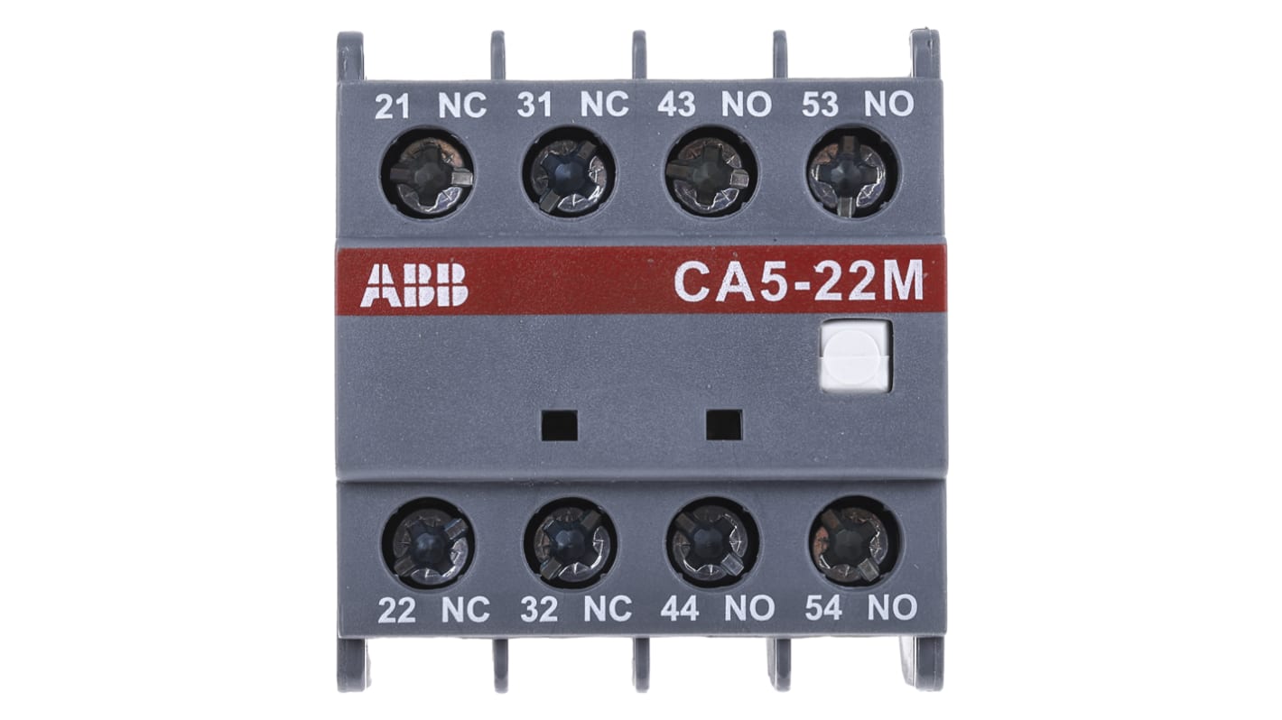 Modulo contatti ABB 1SBN010040R1122 - CA5-22M, 4 contatti (2NC + 2NO), montaggio frontale, dimensioni 44 x 47 x 39 mm, grado di protezione IP20.