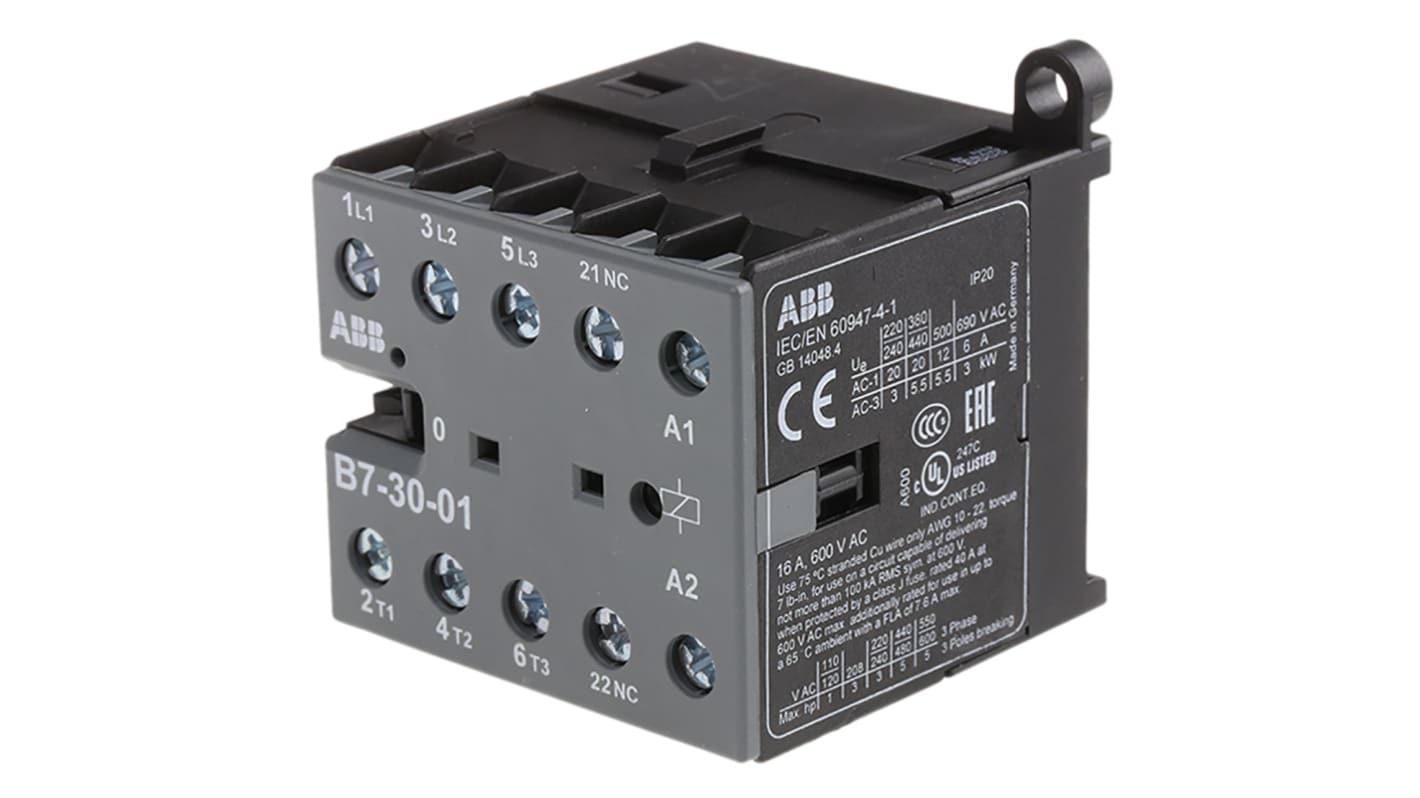 Contattore ABB B7-30-01-80, 3 poli, 20 A, montaggio su guida DIN, dimensioni 57,5 x 52,5 x 46,5 mm.