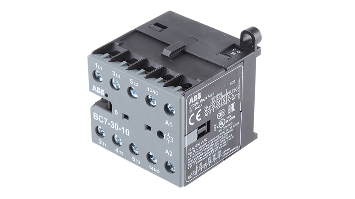 Contattore ABB GJL1313001R0101, 3 poli, 20 A, bobina 24 V c.c., montaggio su guida DIN, dimensioni 57,5 x 52,5 x 46,5 mm.