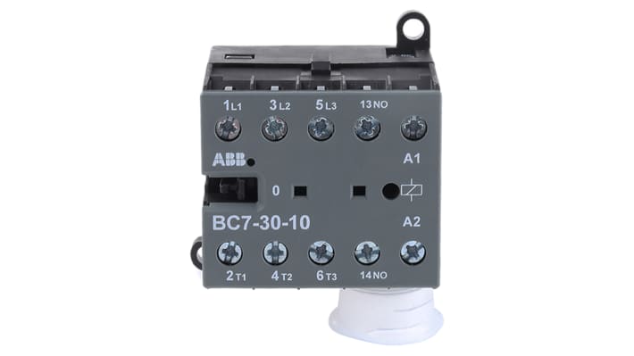 Contattore ABB GJL1313001R0101, 3 poli, 20 A, bobina 24 V c.c., montaggio su guida DIN, dimensioni 57,5 x 52,5 x 46,5 mm.