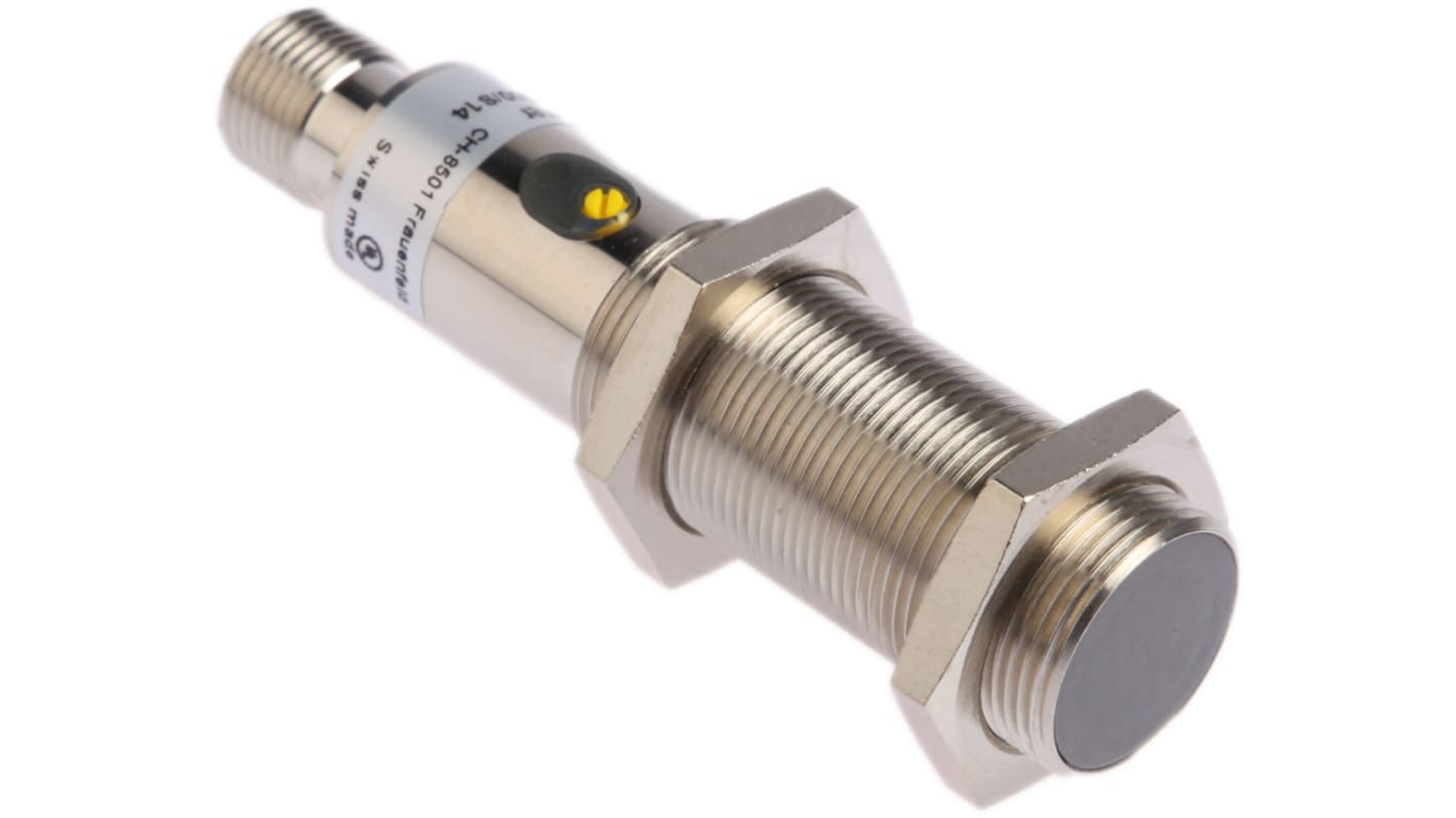 Sensore di prossimità cilindrico PNP Baumer CFAM 18P1600/S14, rilevamento 8 mm, alimentazione 10-30 V c.c., connettore M12.