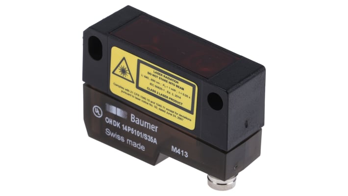 Baumer OHDK 14P5101/S35A, sensore fotoelettrico rettangolare a diffusione, rilevamento 20-350 mm, uscita PNP, IP67.
