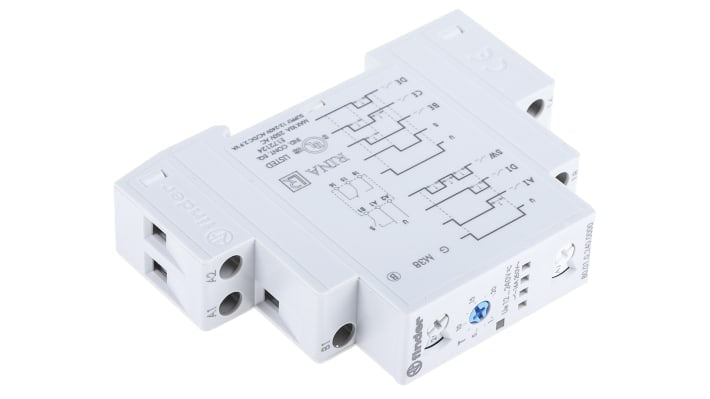Finder Timer Relay SPDT, modulo multifunzione 17,5mm, montaggio su guida DIN, tensione 12-240V, intervallo 0.1-24h.