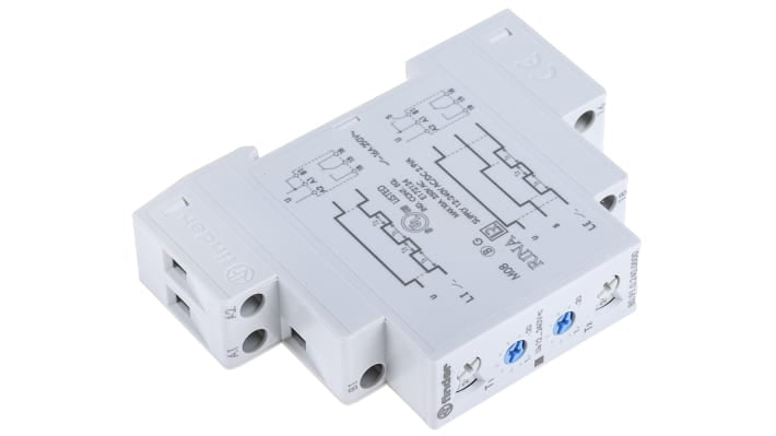 Finder Timer Relay SPDT per guida DIN, intervallo di temporizzazione 0,1s-24h, alimentazione 12-240V, corrente 16A. Dimensioni 17,5mm x 84mm x 60,8mm.