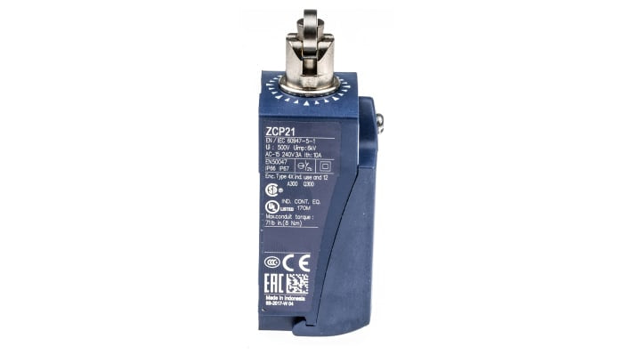 Interruttore di fine corsa Telemecanique Sensors XCKP2102P16, attuatore stantuffo NO/NC, protezione IP66/IP67, dimensioni 65x31x30 mm.